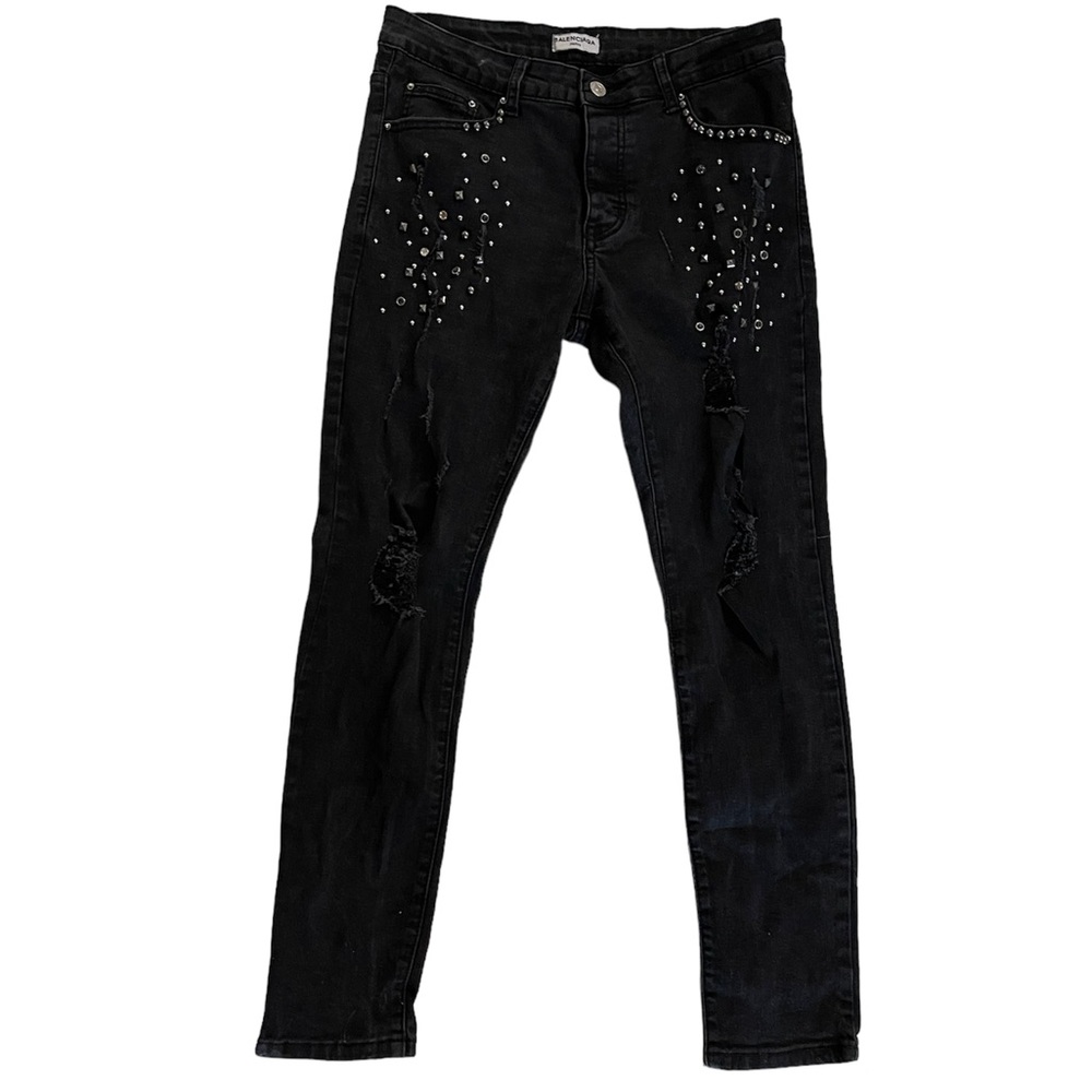 Balanciaga Jeans Mod Omya Crop Studded Distressed Black Denim Women Size 33